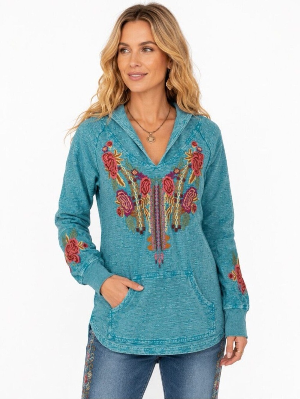 Avani Del Amour Teal Blue Embroidered Floral Pullover Tunic Hoodie M Cotton